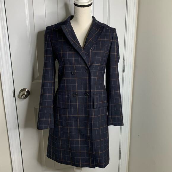 Theory Abla tile check plaid double breasted wool blend long trench coat size XS - Picture 2 of 7